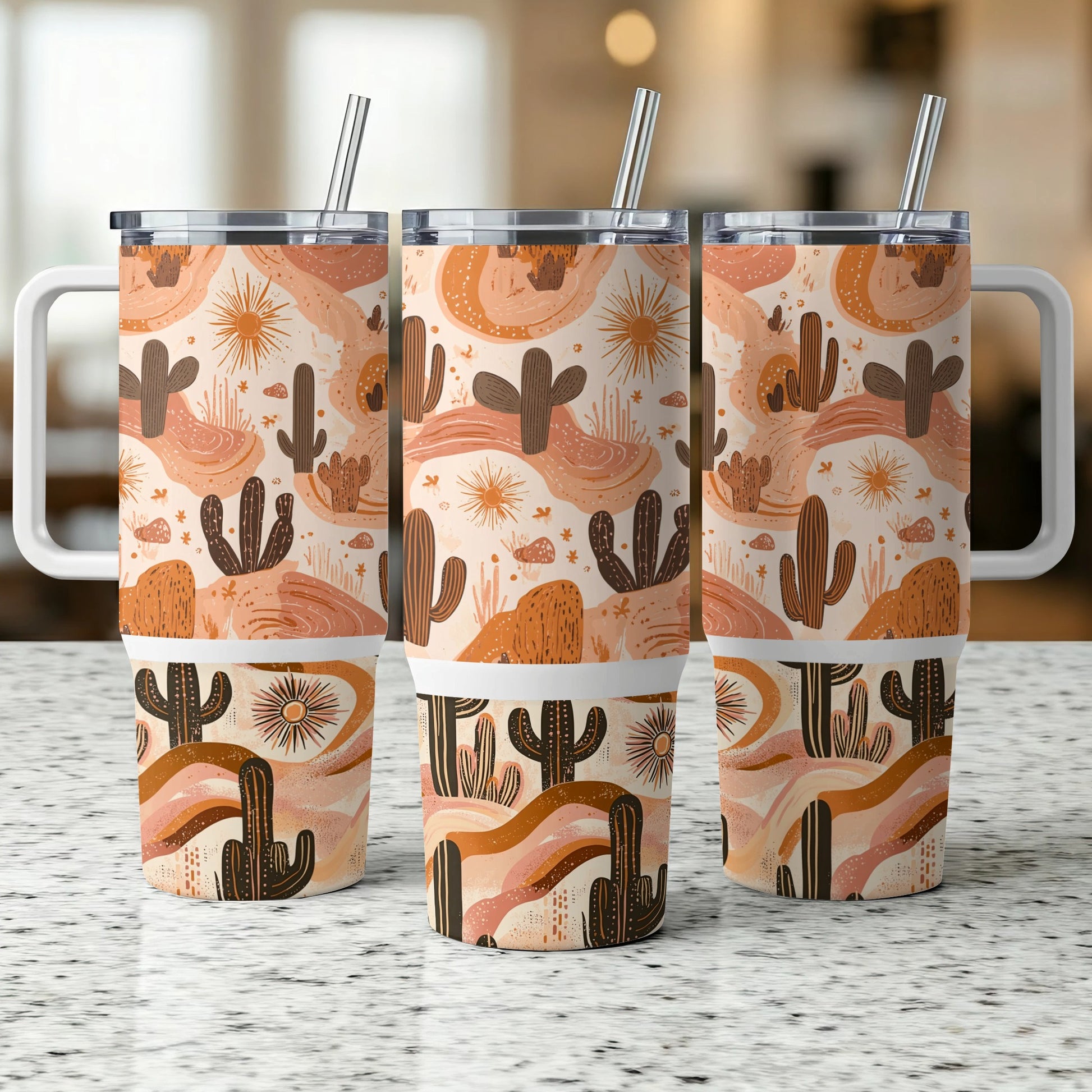 Desert Cactus Tumbler Cups, Insulated Travel Mugs with Straws, Sunset Color Palette, Southwestern Decor, Reusable Drinkware Set of 3
