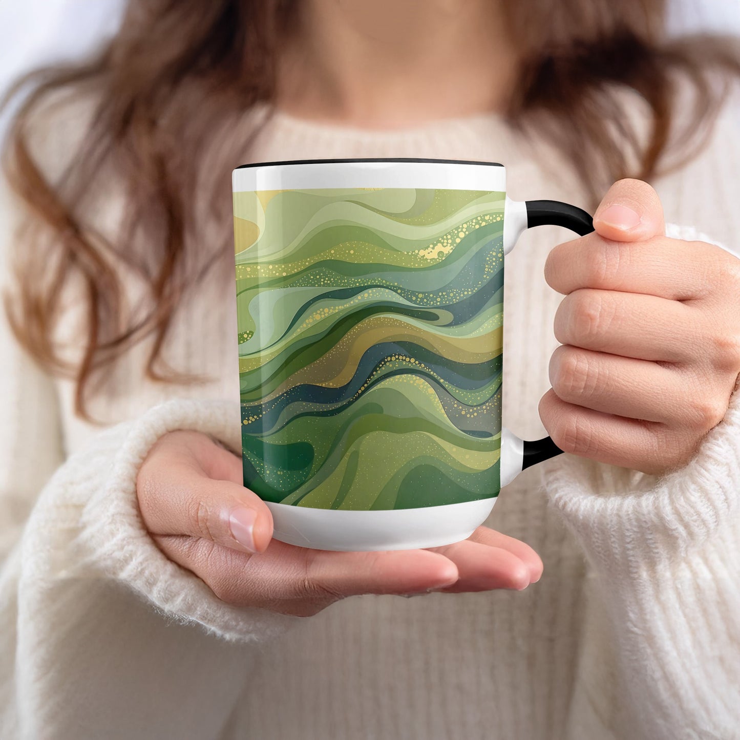 Abstract Waves Green and Gold Ceramic Mug product
