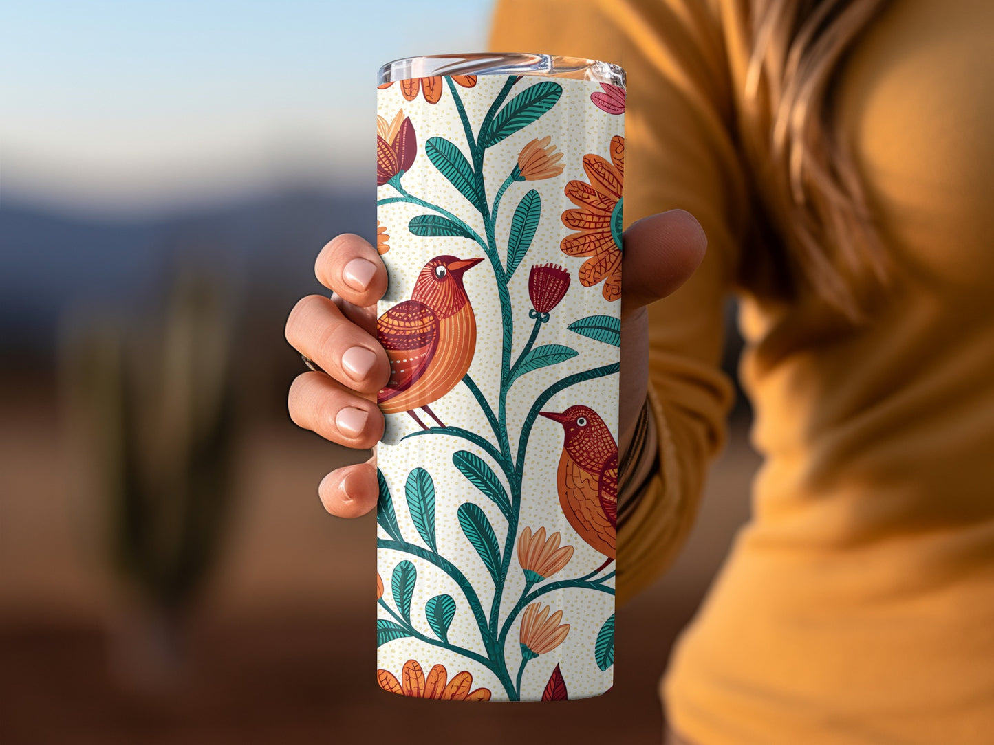 Colorful Bird and Floral Design on White Tumbler product