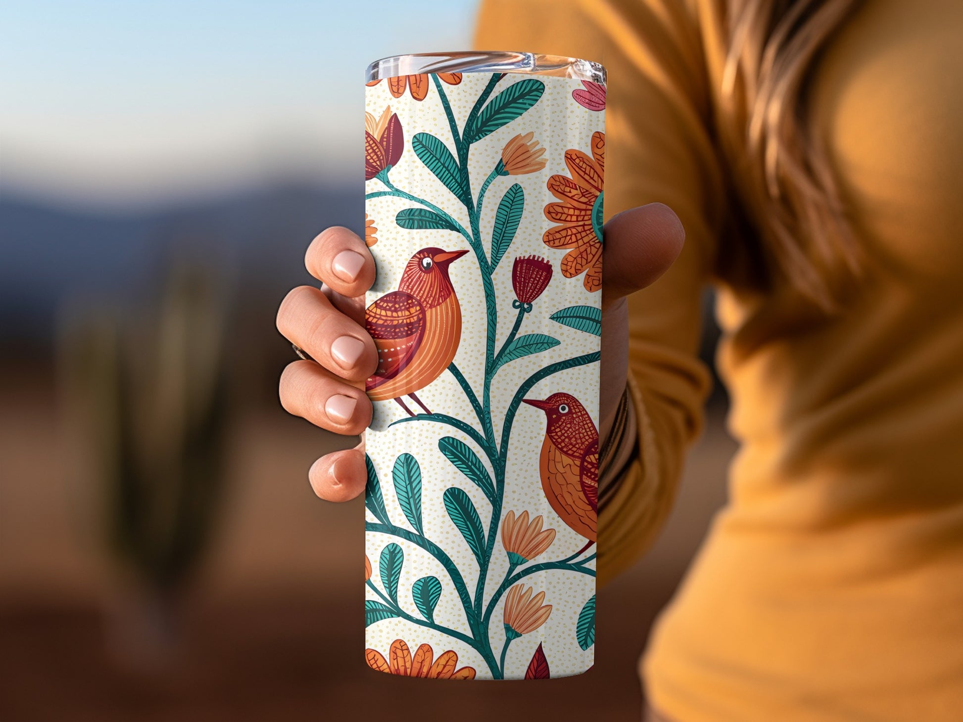 Colorful Bird and Floral Design on White Tumbler product