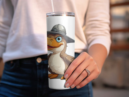 Cartoon Duck Firefighter Tumbler, Insulated Stainless Steel Travel Mug, Cute Animal Drinkware, Gift for Firefighters, 20 oz Water Bottle