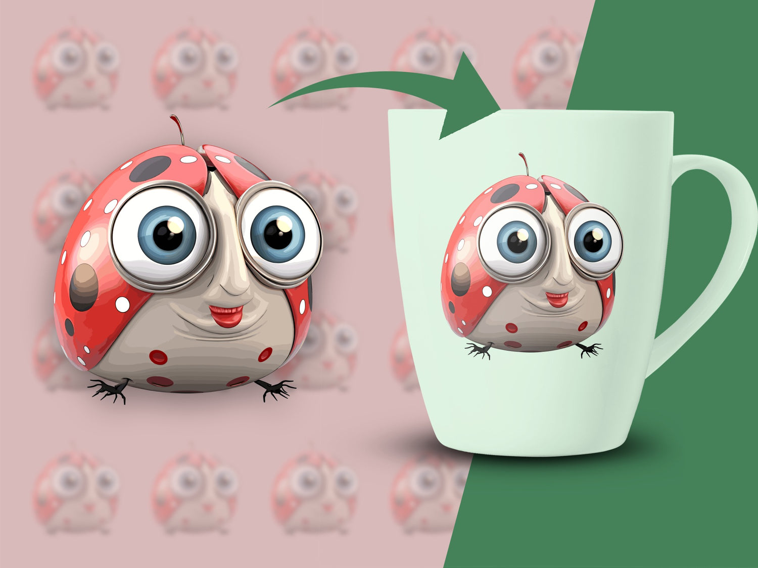 Cute Ladybug Cartoon Character Coffee Mug, Red and White Polka Dot, Unique Gift Idea