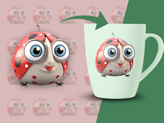 Cute Ladybug Cartoon Character Coffee Mug, Red and White Polka Dot, Unique Gift Idea