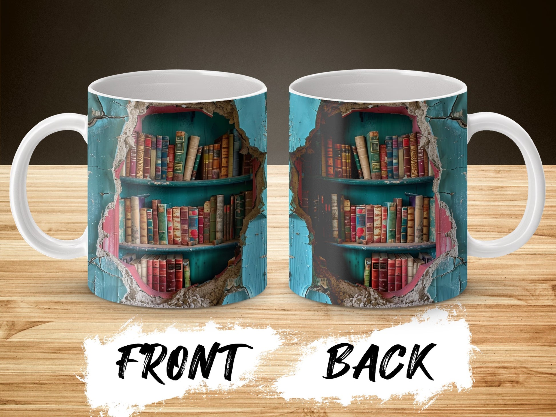 Vintage Library Bookshelf Design Coffee Mug, Blue Cracked Wall Texture, Unique Literary Gift for Book Lovers