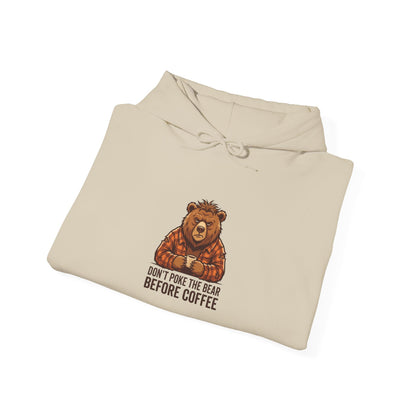 Cream hoodie with a bear in a plaid shirt holding a coffee cup.