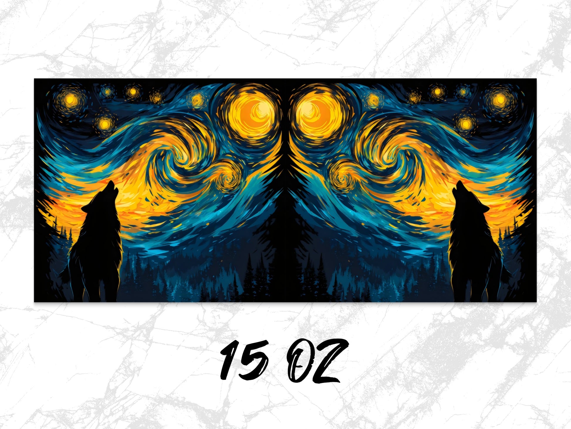 Wolf Silhouette Starry Night Art Print, Van Gogh Inspired Wall Decor, Large Canvas Home Decoration, Unique Wildlife Artwork 15 Oz