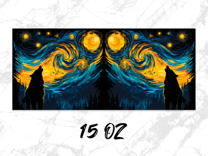 Wolf Silhouette Starry Night Art Print, Van Gogh Inspired Wall Decor, Large Canvas Home Decoration, Unique Wildlife Artwork 15 Oz