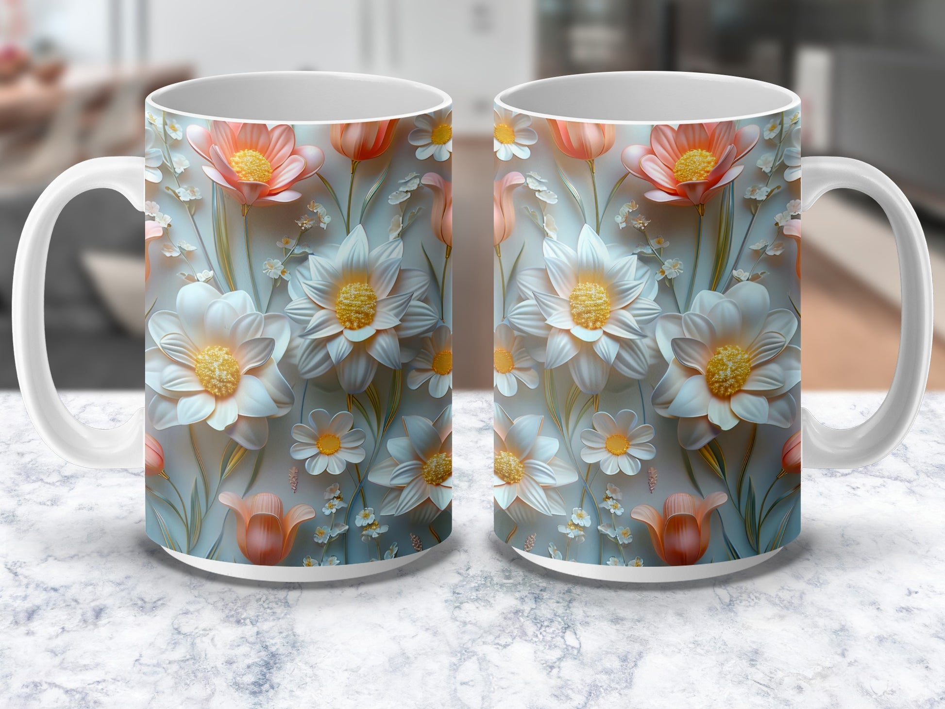 Floral Ceramic Mugs, Colorful Spring Flowers Design, Set of Two, Unique Tableware Gift