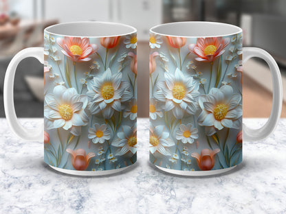 Floral Ceramic Mugs, Colorful Spring Flowers Design, Set of Two, Unique Tableware Gift