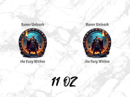 Fantasy Warrior Coffee Mug, Runes Unleash the Fury Within, 11 oz Ceramic Cup, Unique Gift Idea for Gamers