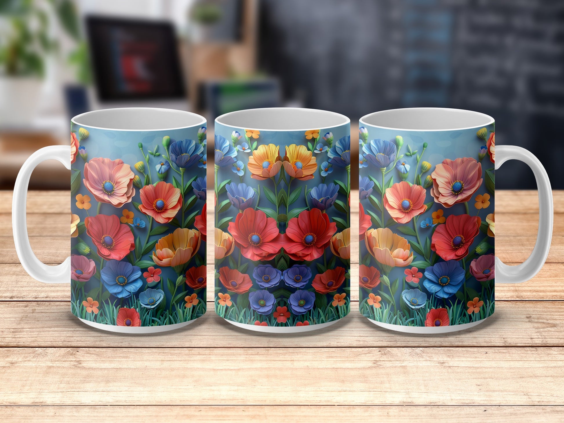 Floral Coffee Mugs Set, Colorful Spring Flowers Design, Ceramic Tea Cups, Unique Garden Gift Idea