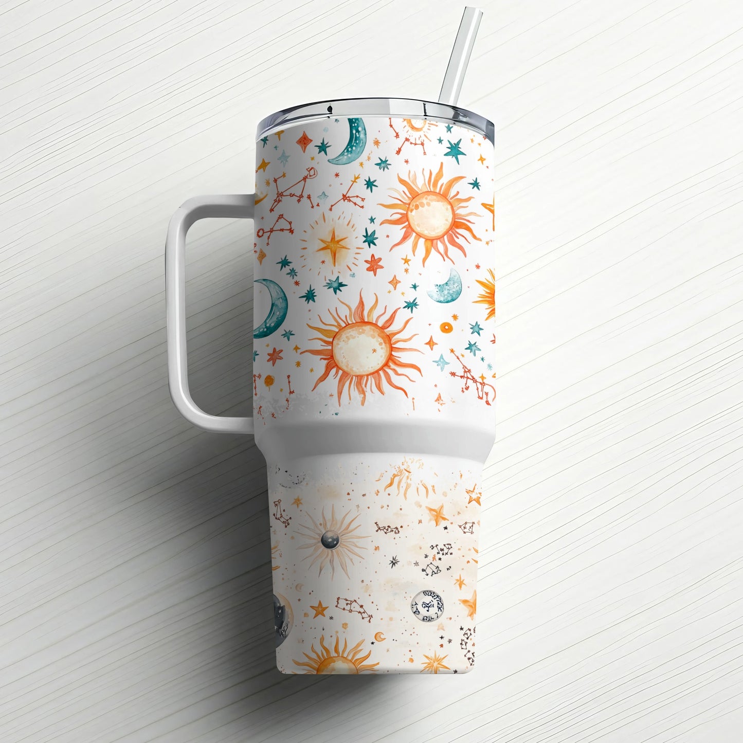 Celestial Tumbler, Sun Moon Stars Pattern, Insulated Travel Mug, Stainless Steel, 20 oz, With Straw, Unique Drinkware, Gift Idea