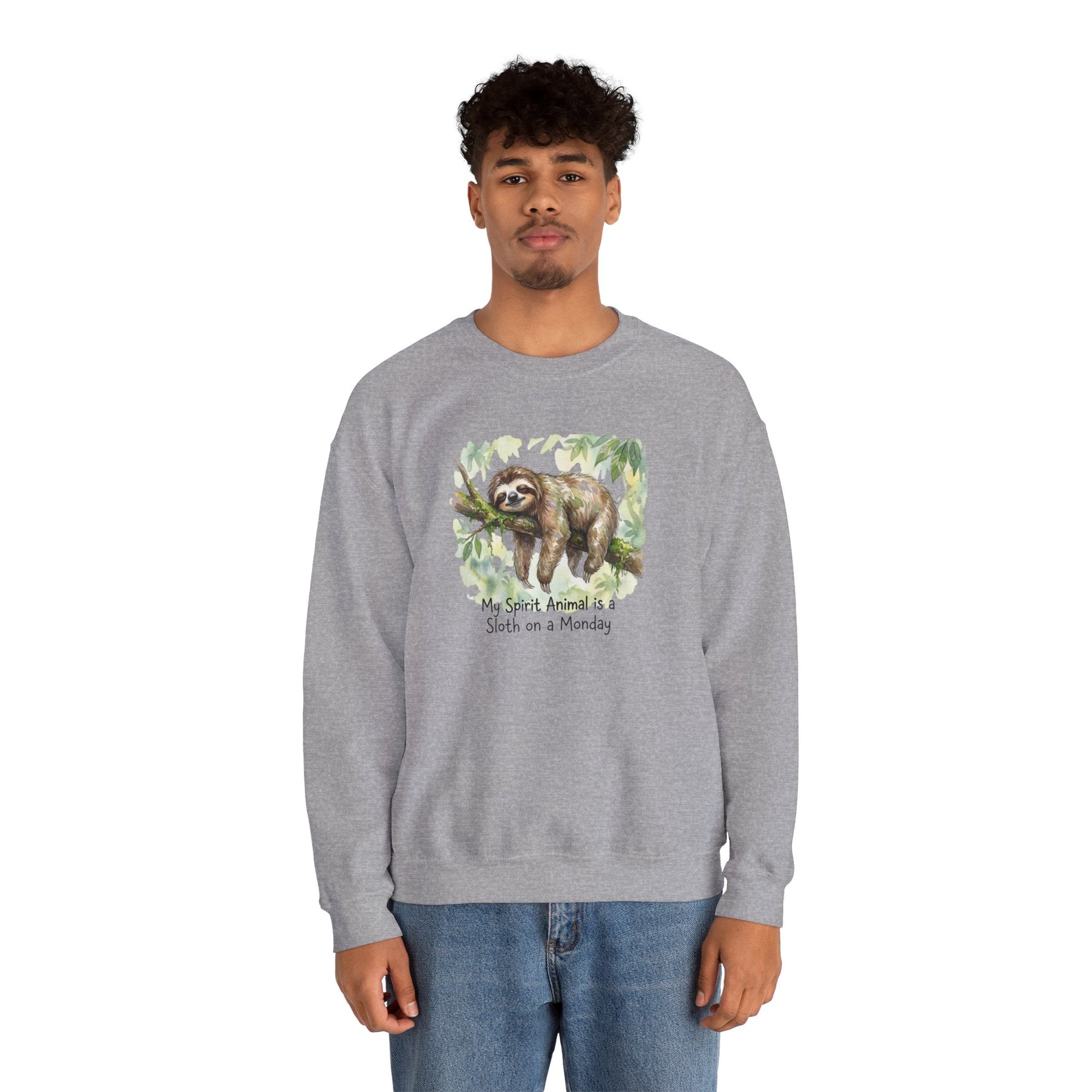 Gray sweatshirt with a watercolor sloth on a branch and text.
