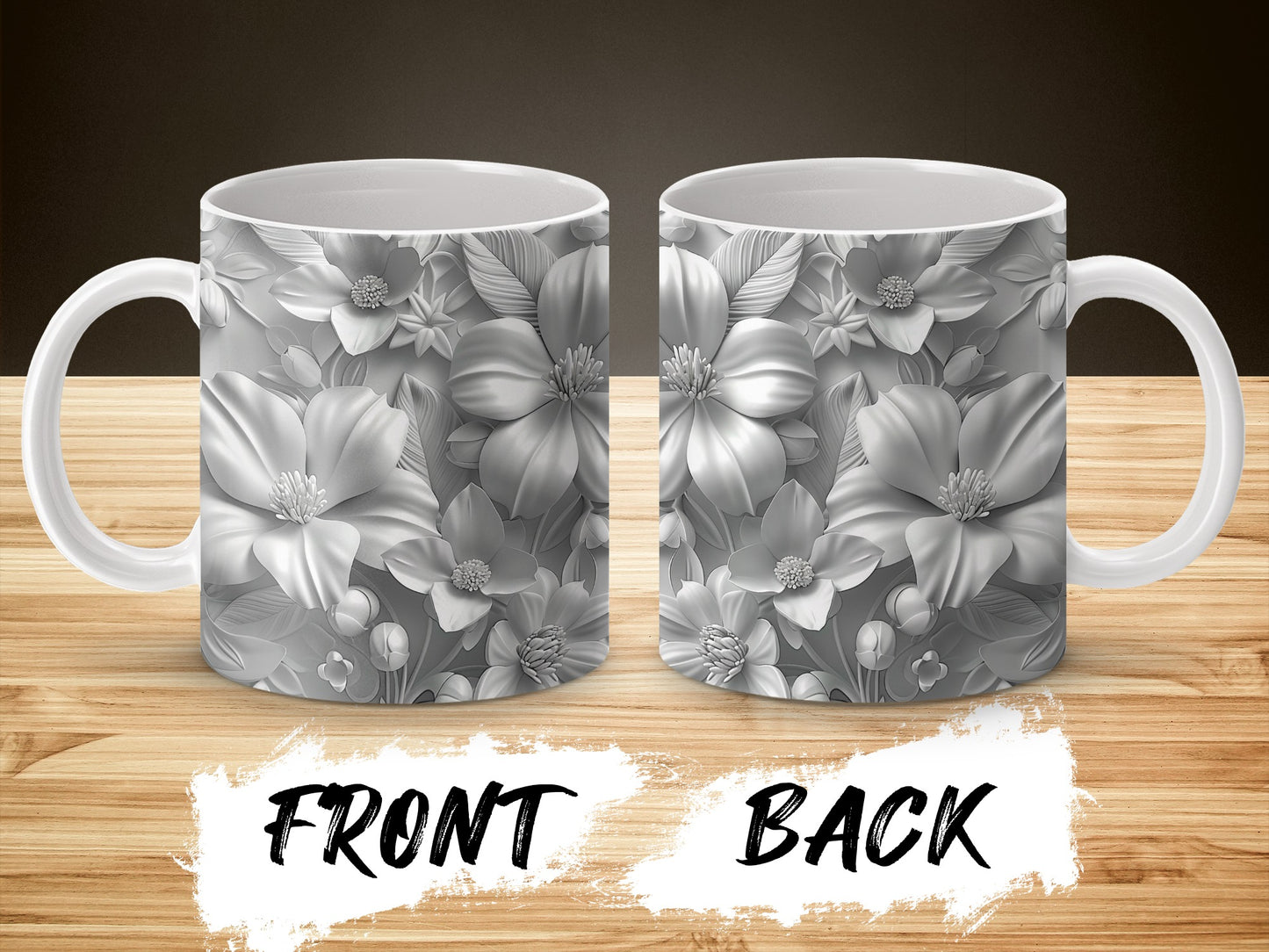 Elegant Floral Coffee Mug, Grey White Flower Design, Ceramic Tea Cup, Gift Idea, Front and Back Print, Kitchen Decor