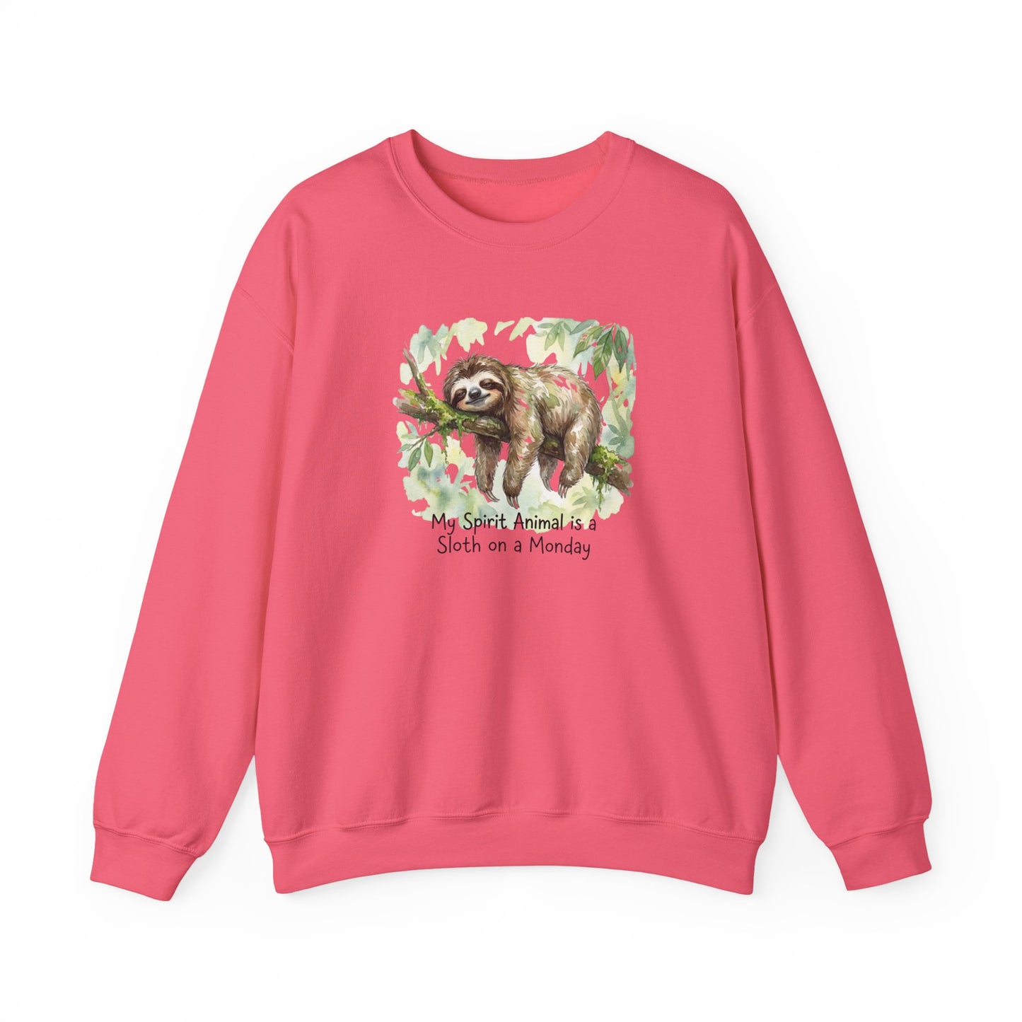 Pink sweatshirt featuring a watercolor sloth on a branch with the text "My Spirit Animal is a Sloth on a Monday".
