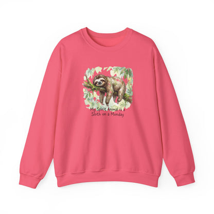 Pink sweatshirt featuring a watercolor sloth on a branch with the text "My Spirit Animal is a Sloth on a Monday".
