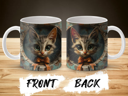 Cute Cat Mug with Bow Tie Design, Unique Kitten Coffee Cup, Cat Lover Gift, Front and Back Artwork