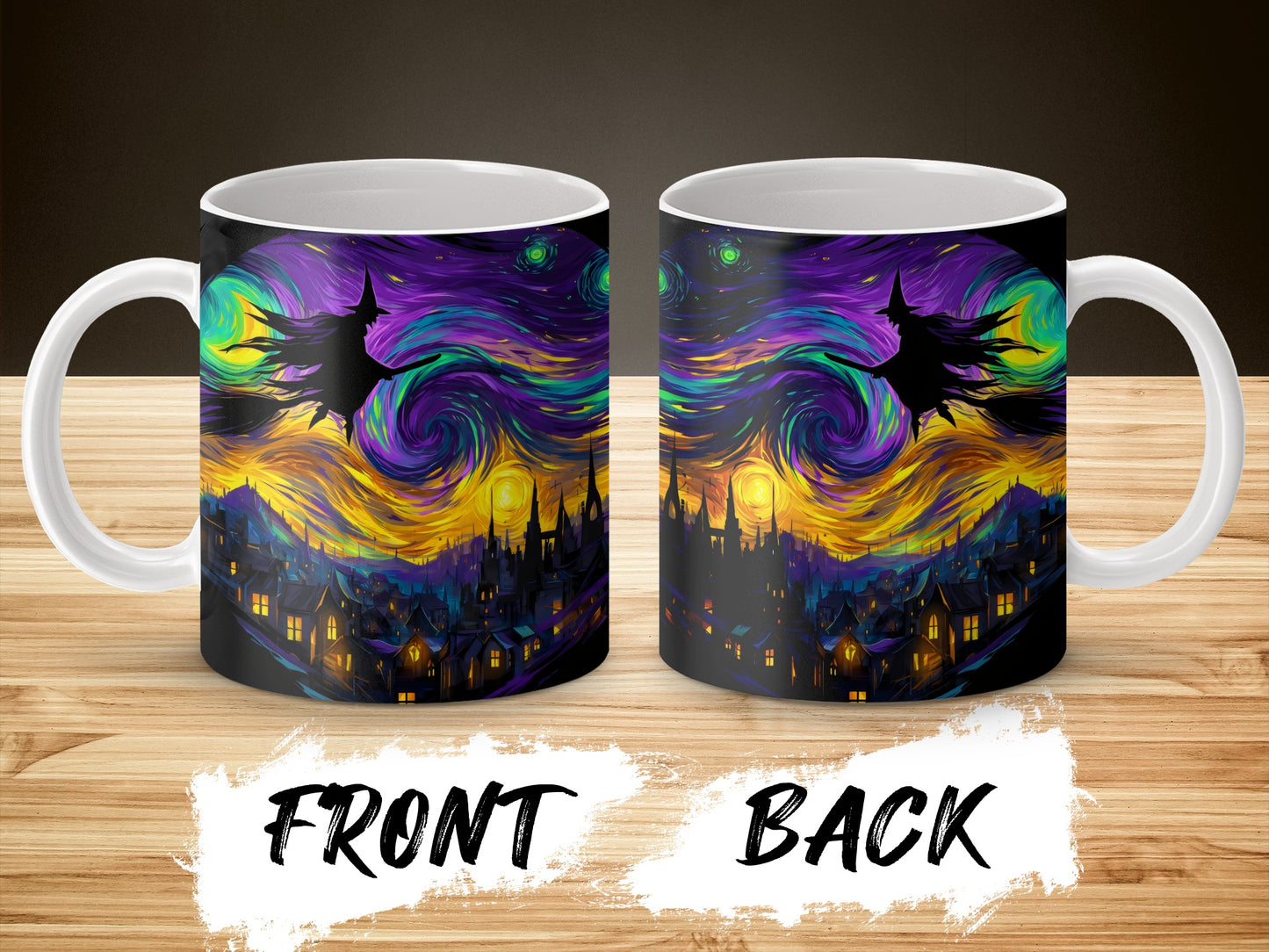 Van Gogh Inspired Starry Night Witch Flying Mug, Halloween Coffee Cup, Artistic Unique Gift Idea, Vibrant Home Decor