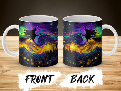Van Gogh Inspired Starry Night Witch Flying Mug, Halloween Coffee Cup, Artistic Unique Gift Idea, Vibrant Home Decor