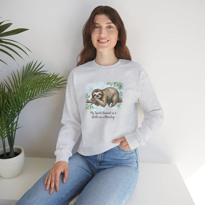 Woman wearing a grey sweatshirt with a sloth illustration and text.