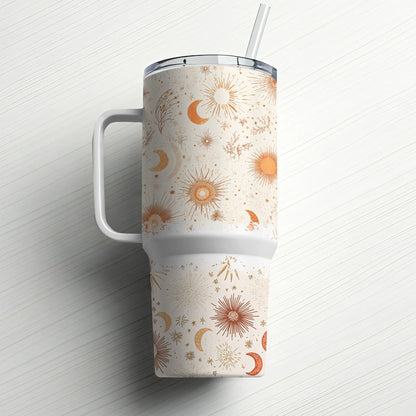 Celestial Tumbler with Lid and Straw, Sun and Moon Pattern, Insulated Travel Mug, Unique Gift Idea