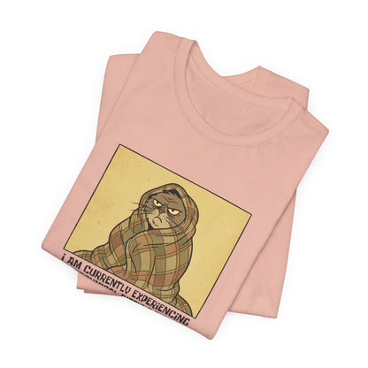 Pink t-shirt with a grumpy cat wrapped in a plaid blanket.