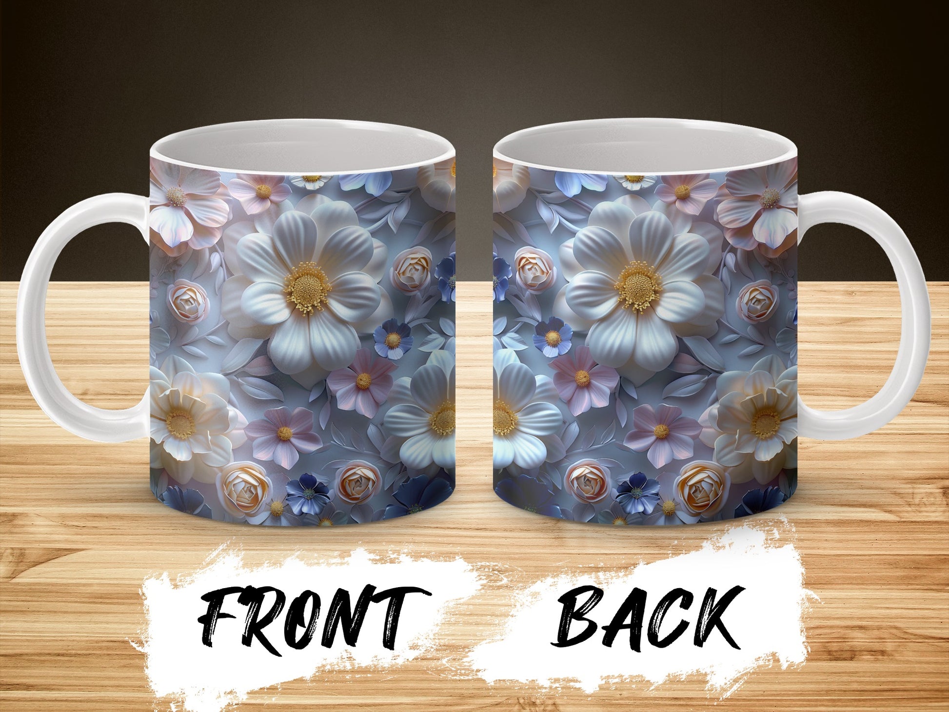 Floral Coffee Mug, Blue and White Flowers, Elegant Tea Cup, Gift Idea, Ceramic Mug, Front and Back Design, Unique Drinkware