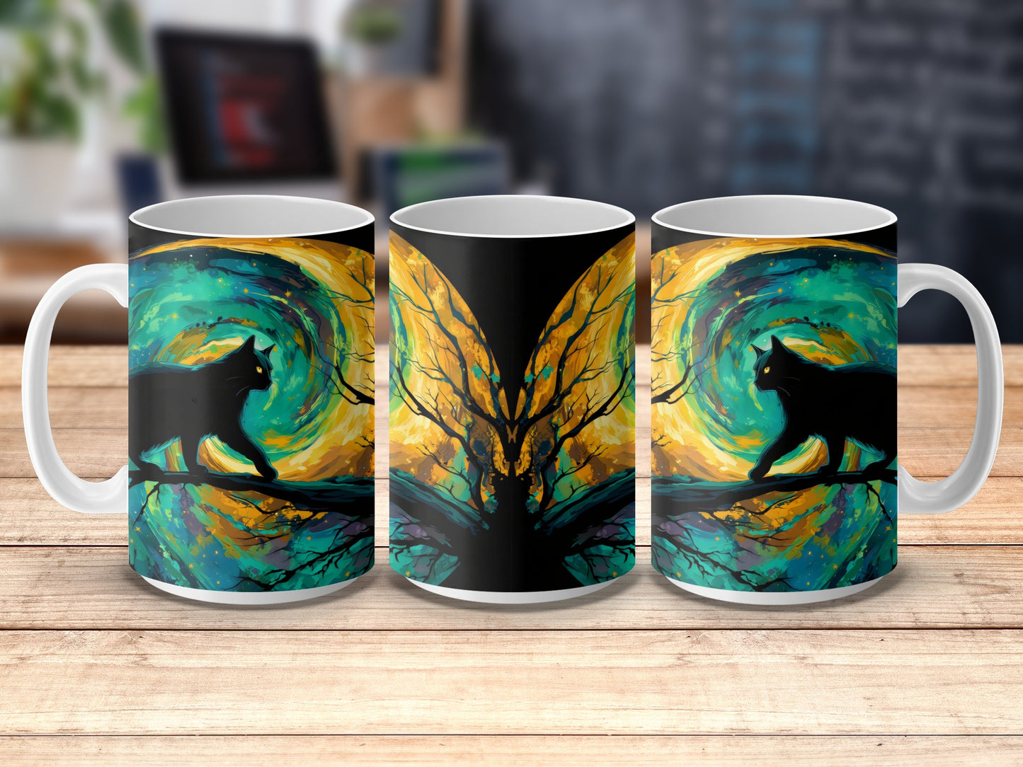 Artistic Wolf and Tree Design Coffee Mugs, Colorful Abstract Nature Print, Unique Drinkware Set