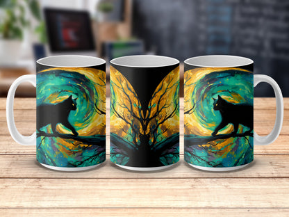 Artistic Wolf and Tree Design Coffee Mugs, Colorful Abstract Nature Print, Unique Drinkware Set
