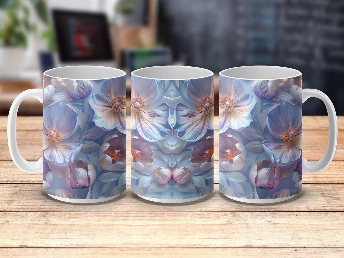 Floral Coffee Mugs, Blue Flower Print, Ceramic Cup Set, Unique Gift Idea, Kitchen Decor, Drinkware Collection
