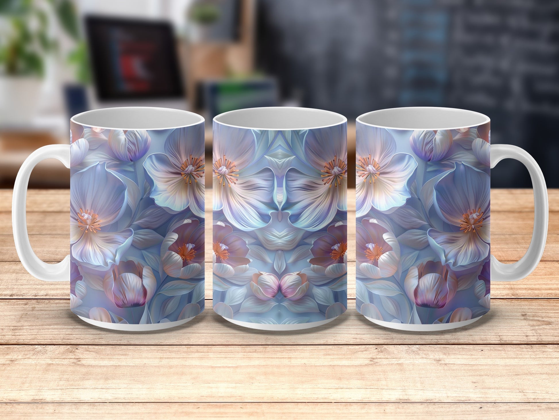 Floral Coffee Mugs, Blue Flower Print, Ceramic Cup Set, Unique Gift Idea, Kitchen Decor, Drinkware Collection