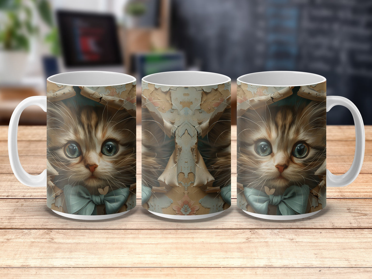 Cute Cat Mug with Blue Bow and Vintage Map Design, Unique Cat Lover Gift, Coffee Tea Cup
