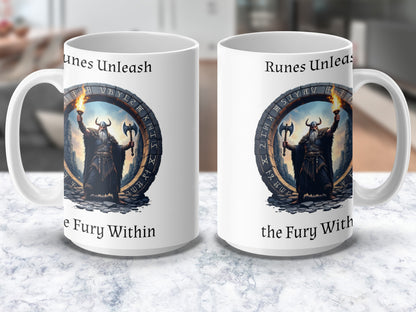 Viking Warrior Coffee Mug, Norse Mythology, Runes Unleash the Fury Within, Unique Fantasy Gift, Ceramic Cup