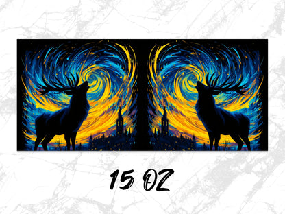 Starry Night Deer Silhouette Canvas Print, Abstract Skyline Wall Art, Vibrant Home Decor 15 Oz