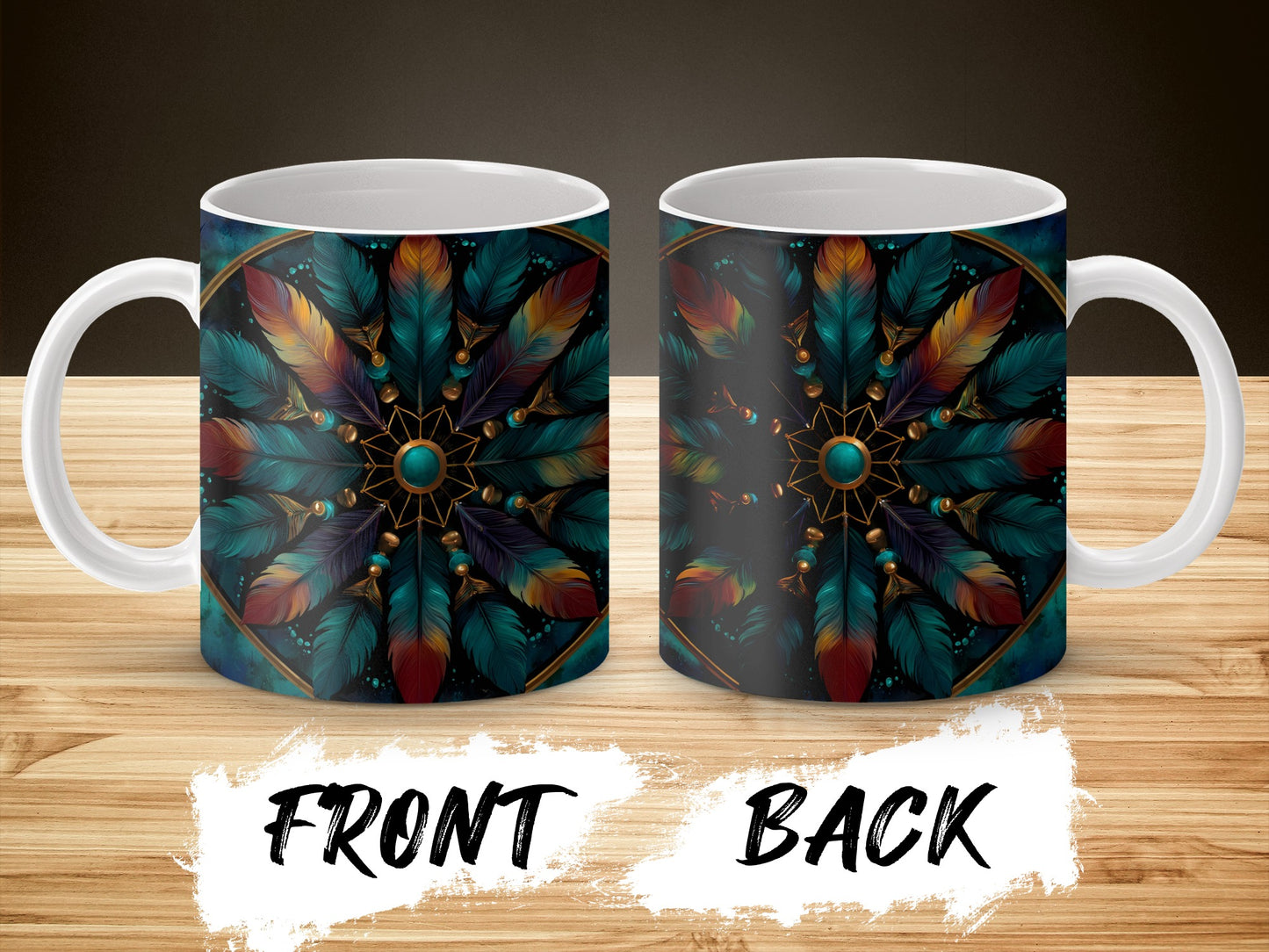 Colorful Feather Mandala Design Coffee Mug, Unique Bohemian Style Cup, Gift for Her