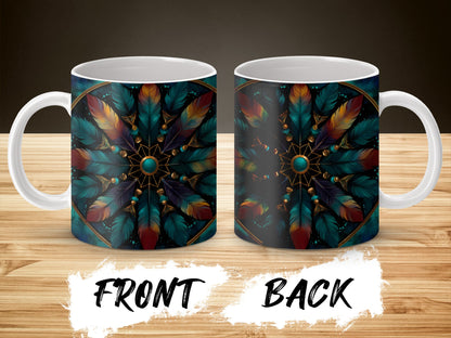Colorful Feather Mandala Design Coffee Mug, Unique Bohemian Style Cup, Gift for Her