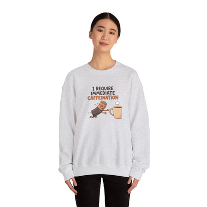 Gray sweatshirt with cartoon cat reaching for coffee mug, text "I REQUIRE IMMEDIATE CAFFEINATION".