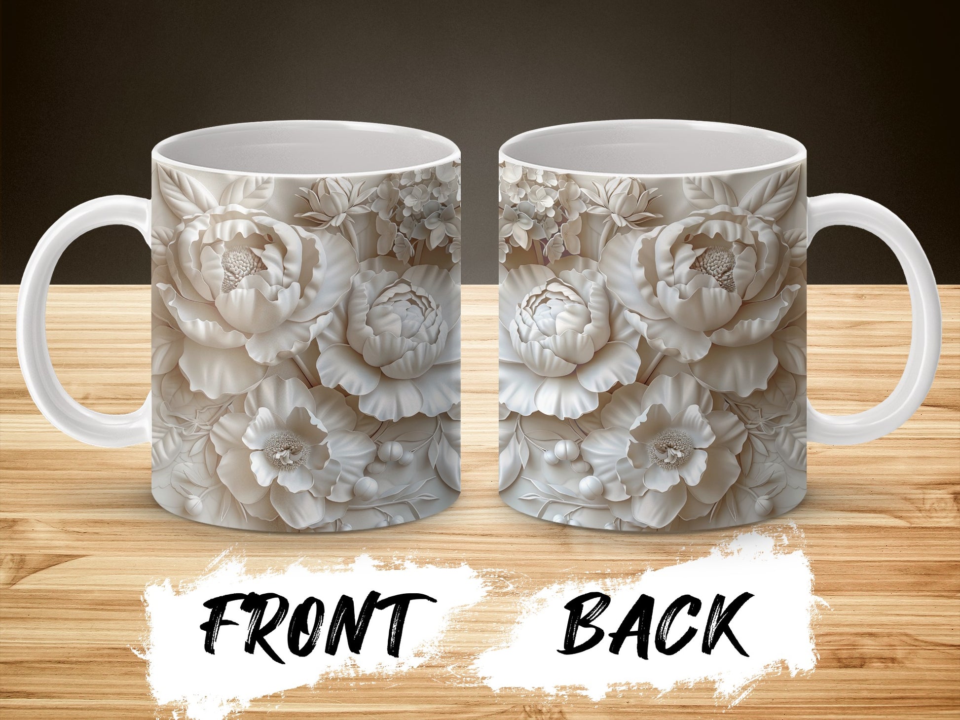 Floral Relief Design Coffee Mug, 3D Textured Flower Pattern, Elegant White Ceramic Cup, Gift Idea