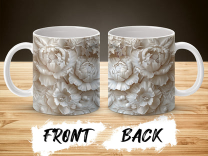 Floral Relief Design Coffee Mug, 3D Textured Flower Pattern, Elegant White Ceramic Cup, Gift Idea