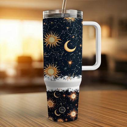 Celestial Travel Mug, Sun and Moon Design, Insulated Coffee Cup, 20 oz Tumbler with Lid, Stellar Gift Idea
