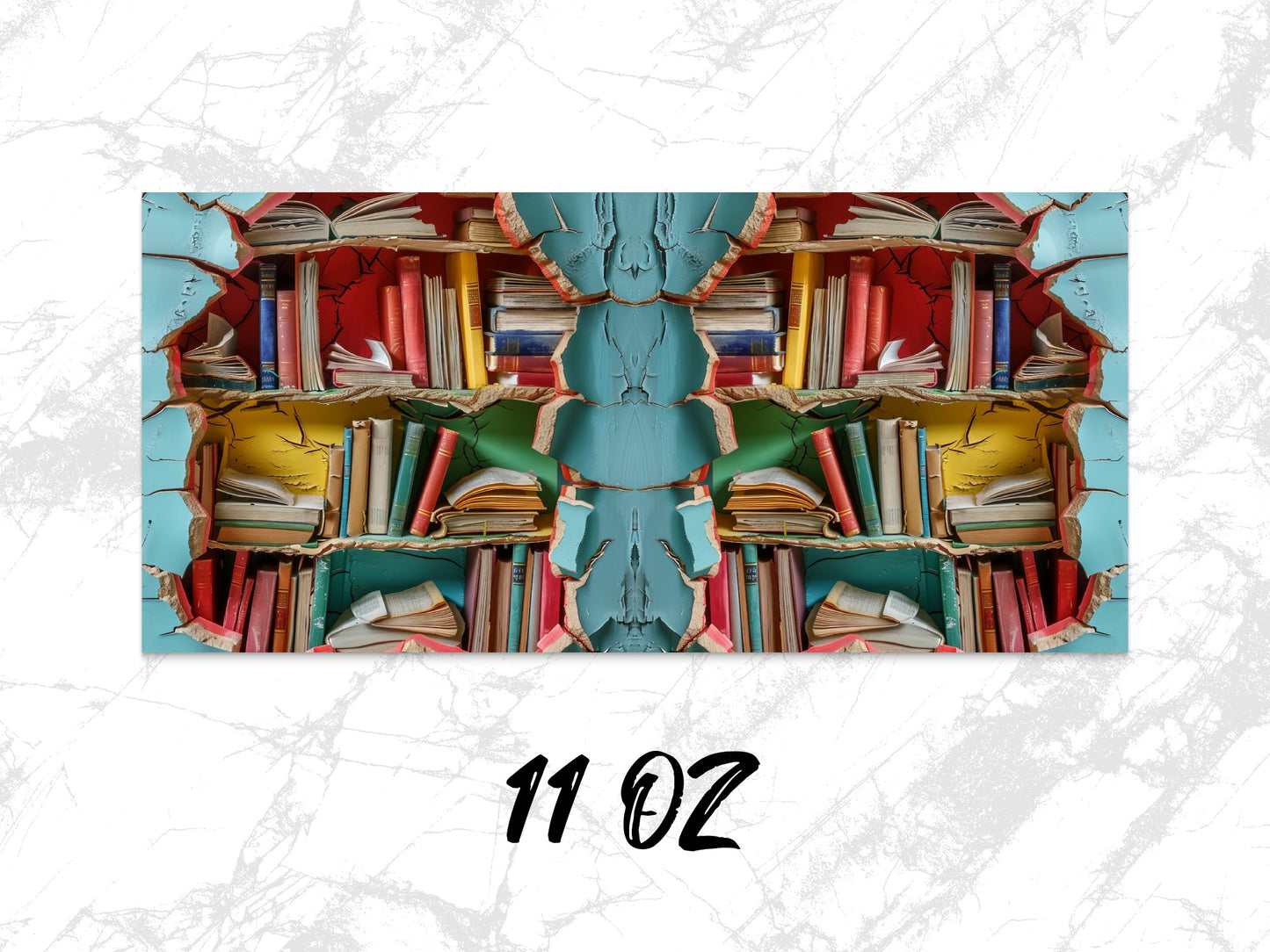 Colorful Abstract Bookshelf Design Coffee Mug, Unique Literary Gift, 11 oz Ceramic Cup for Book Lovers