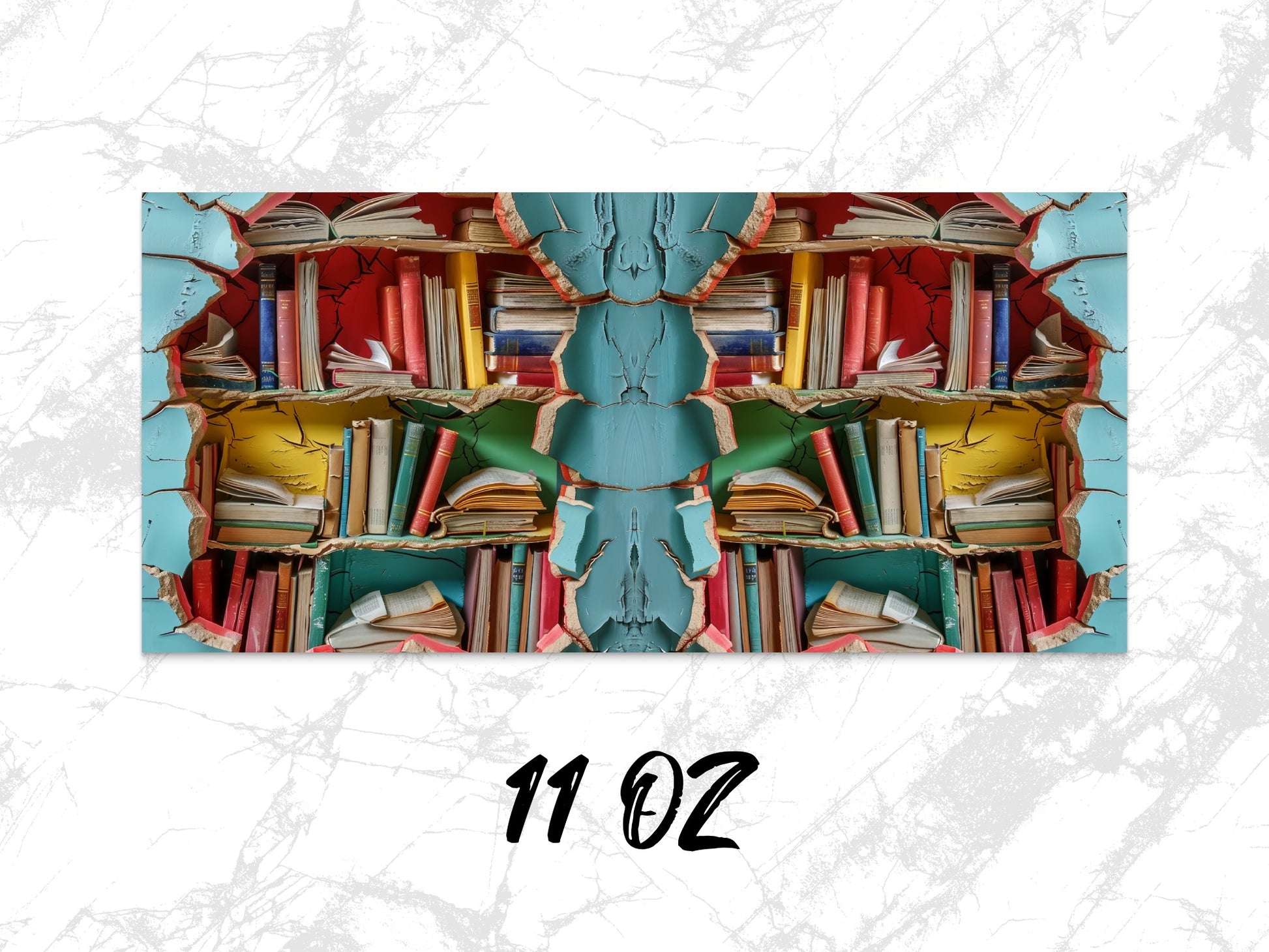 Colorful Abstract Bookshelf Design Coffee Mug, Unique Literary Gift, 11 oz Ceramic Cup for Book Lovers