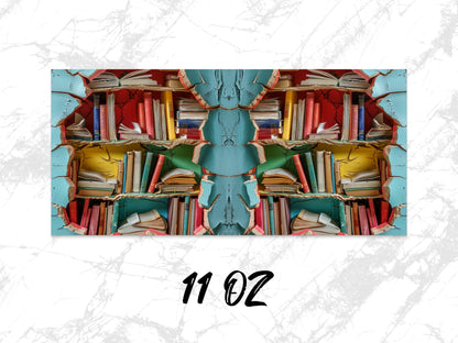 Colorful Abstract Bookshelf Design Coffee Mug, Unique Literary Gift, 11 oz Ceramic Cup for Book Lovers