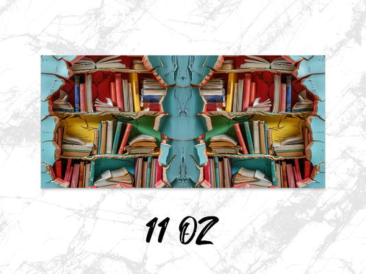 Colorful Abstract Bookshelf Design Coffee Mug, Unique Literary Gift, 11 oz Ceramic Cup for Book Lovers