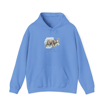 Blue hoodie with a sloth illustration and text "My spirit animal is a sloth on a Monday".