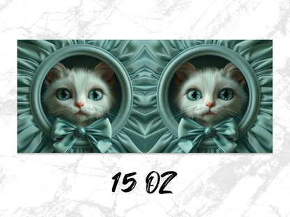 Twin Kittens in Circular Frames Art Print, Cute Cat Poster, Mint Green Bow Decor, Wall Art for Nursery, Cat Lovers Gift Idea, 15 OZ