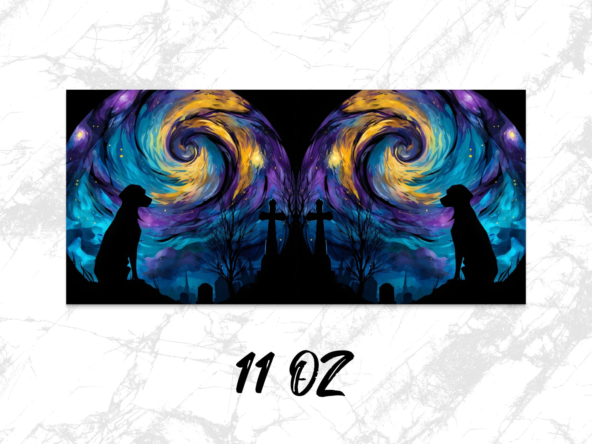 Galaxy Dog Silhouette Coffee Mug, Vibrant Space Art, Twin Swirl Design, Unique 11oz Black Ceramic Cup, Gift Idea