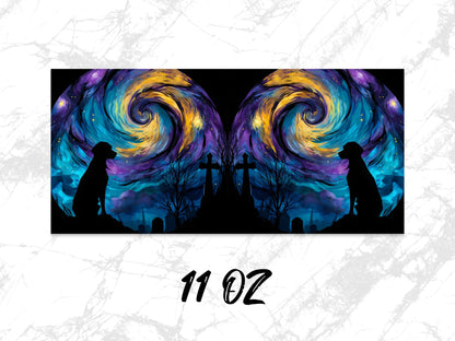 Galaxy Dog Silhouette Coffee Mug, Vibrant Space Art, Twin Swirl Design, Unique 11oz Black Ceramic Cup, Gift Idea