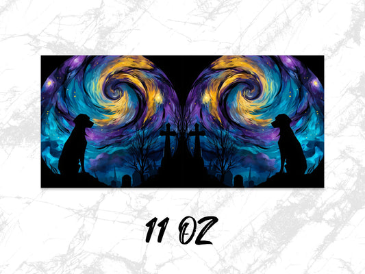 Galaxy Dog Silhouette Coffee Mug, Vibrant Space Art, Twin Swirl Design, Unique 11oz Black Ceramic Cup, Gift Idea