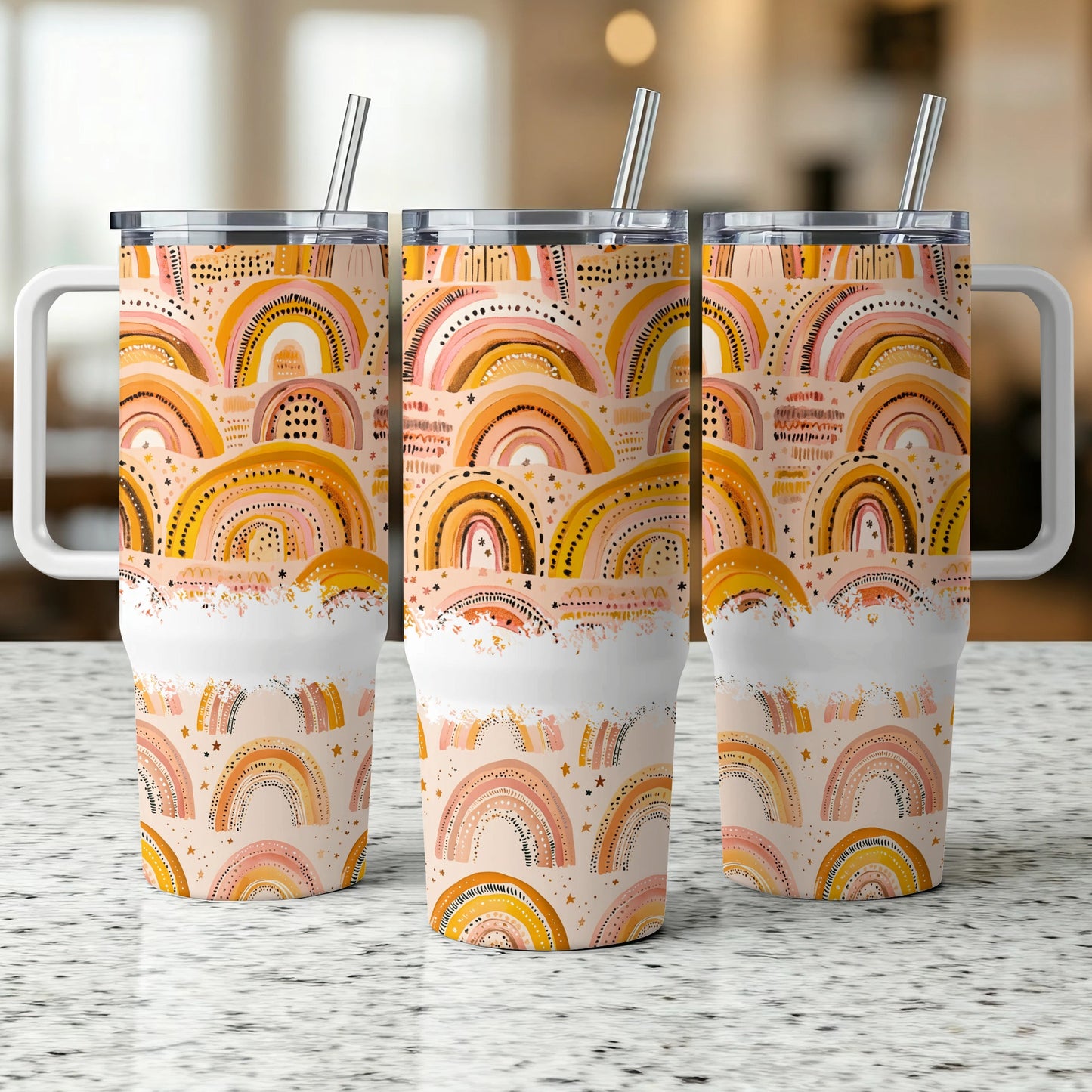 Boho Insulated Tumblers with Lids and Straws, Abstract Rainbow Design, Stainless Steel Travel Mugs, Gift Idea